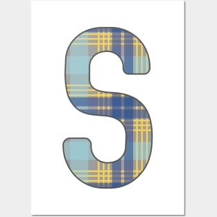 Monogram Letter S, Blue, Yellow and Grey Scottish Tartan Style Typography Design Posters and Art